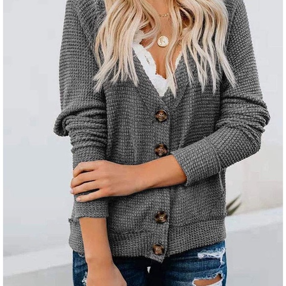 Sexy Button Cardigan Sweater Waffle Knit Top - Picture 2 of 5